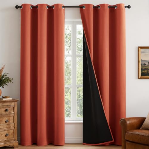 Image of MIULEE Fall Burnt Orange 100% Blackout Curtains for Bedroom 90 Inch Long | 2 Thick Layers Thermal Insulated Window Curtains with Black Liner, Noise Reducing Grommet, Drapes for Living Room, 2 Panels
