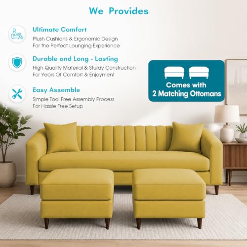 Image of Doraldo 3 Seater Sofa Set with 2 Ottoman for Living Room (Yellow) Premium Fabric Sofa