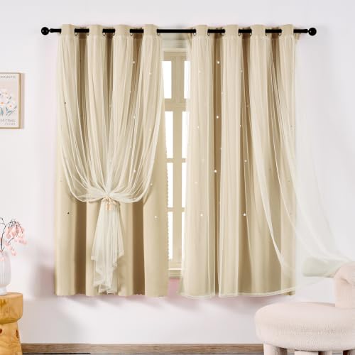 Image of indistar Star Cutout Kids Window Blackout Curtains for Girl Bedroom Window Room Darkening Curtains & Drapes Baby Nursery Curtains (2 Panel,52Wx45L inch,Cream)