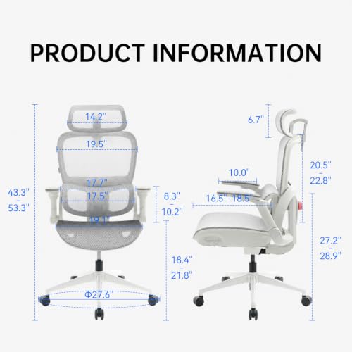 Image of SIHOO B300 PRO Ergonomic Office Chair, High Back Mesh Computer Chair with Wide Headrest, 6D Flip-Up Rotatable Armrests, Adaptive Lumbar Support, 135 Reclining Home Office Desk Chair, Soft White