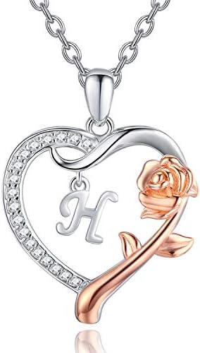Initial Necklace Sterling Silver Alphabet Roseflower Heart Letter Pendant Necklaces Personalised Jewellery Letter Necklaces Gift for Women Girls