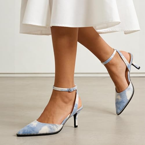 Image of SAMMITOP Kitten Heels for Women Low Heel Closed Toe Ankle Strap Pumps Wedding Party Beaded Dress Shoes 2.4 Inch