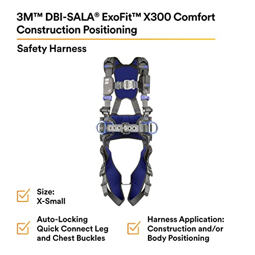 Image of 3M DBI-SALA ExoFit X300 Comfort Construction Positioning Safety Harness, Construction Fall Protection, Aluminum Back and Hip D-Rings, Auto-Locking Quick Connect Leg and Chest Buckles, 1113120, X-Small