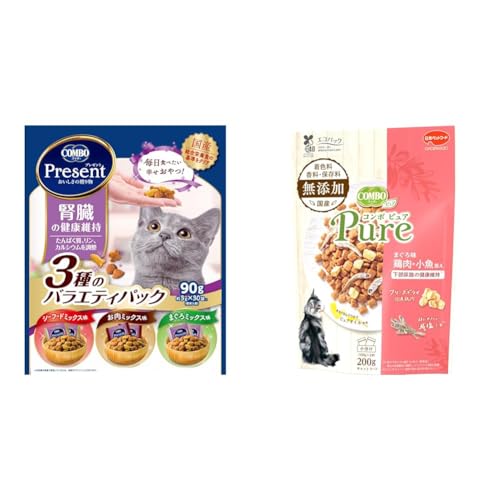 【セット買い】コンボ プレゼント キャット おやつ 【かりかりドライ】 【国産】 【小分包装】 腎臓の健康維持 90g 3種のバラエティパック + コンボ キャットフード ピュア キャット 【無添加素材使用】 【国産】 【小分包装】 まぐろ味・鶏肉・小魚添