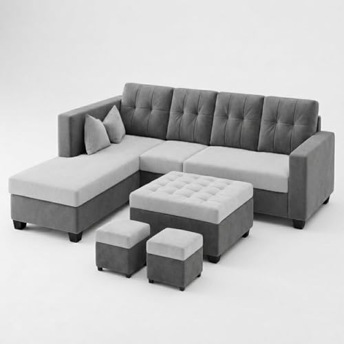 Image of FURNY Nathan 8 Seater L Shape Sofa Set LHS (Light Grey-Dark Grey) | Suede Velvet Finish | Durable Comfort Sofa for Modern Living Room & Office Spaces