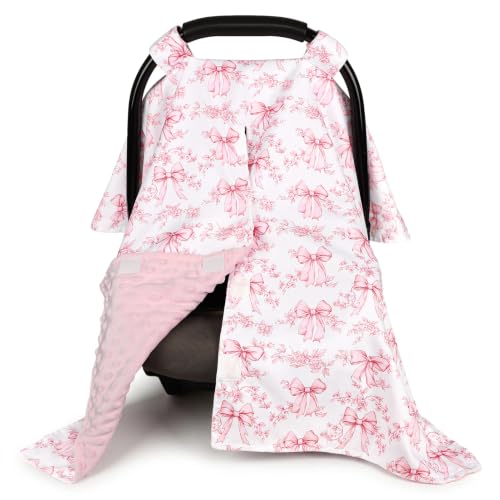 Image of Baby Car Seat Cover, Soft Minky Warm Winter Car Seat Canopy for Infants & Toddlers, Opening with Adjustable Strap, Breathable Nursing Cover & Stroller Blanket, Bow Flowers (Fits Most Car Seats)