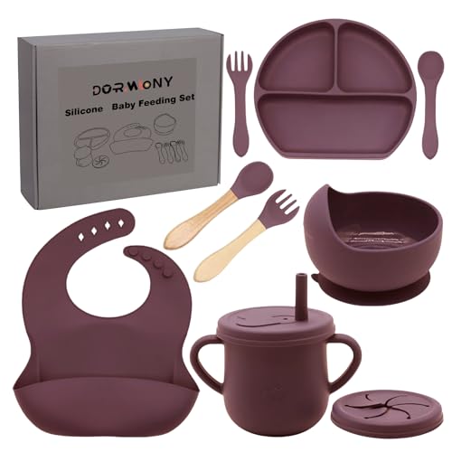 Image of Dormlony 100% Silicone Baby Feeding Set, BPA Free Dishes With Suction Bowl, Divided Plate, Toddler Self Feeding Utensils, Spoons, Forks, Sippy Cup and Bib (Dark Red)