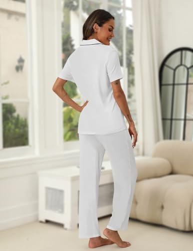Image of HNG Women Pajamas Set 2 Piece Button Up Pajamas Pant and Short Sleeve Shirt for Woman Pj Sets with Pocket