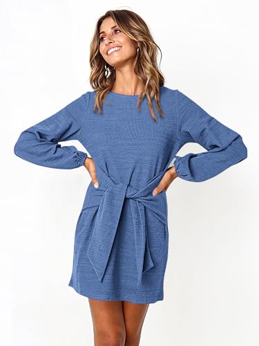 Image of PRETTYGARDEN Womens Spring Elegant Long Lantern Sleeve Short Dress Wedding Guest Crewneck Tie Waist Knit Cocktail Dresses