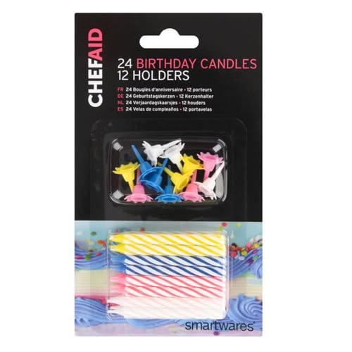 Chef Aid Decorative Birthday Cake Candles, 36 Piece Set with 24 Candles Perfect for Decorating a Birthday Cake or Cupckaes, Comes with 12 Holders