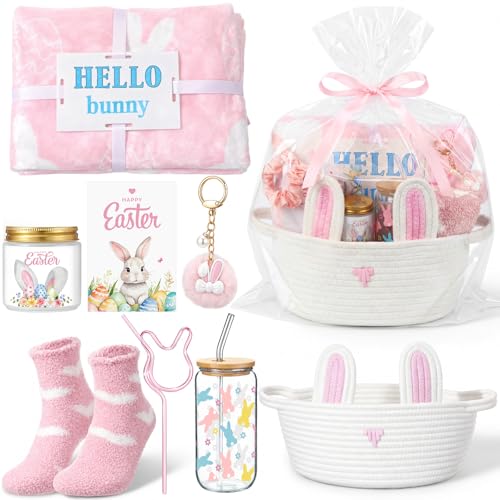 Remerry 9 Pieces Easter Gifts Set Pink Basket Gifts Bunny Eggs Throw Blanket 16oz Tumbler Scented...