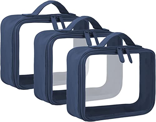 ANRUI TSA Approved Toiletry Bag With Handle Strap, Clear Travel Liquids Toiletries & Cosmetics Organizer Carry-On Luggage for Women and Men Black 3 Pack (Same Size)- Darkblue