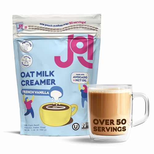 Oat Milk Coffee Creamer, French Vanilla. Makes over 50 servings. Vegan, Non-Dairy, Plant Based, Kosher, Shelf-Stable, and Gluten-Free - Use for Coffee, Add to Smoothies & Tea or Make Your Own Creamer. Prebiotic, Superfood, Shelf-Stable, Barista, Fortified with Calcium, No Hydrogenated Oils. Only 4G of Sugar. Use in Coffee or Protein Shakes. Zero gums or perservatives.