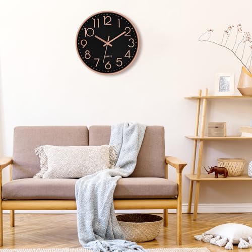 Image of Foxtop Modern Decorative Wall Clock, Silent Non-Ticking Quality Quartz Battery Operated Round Easy to Read for Home Office School (Rose Gold Plastic Frame, Black Dial, Arabic Numbers)