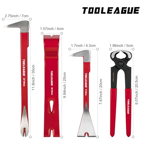 Image of TOOLEAGUE 4 Pcs Pry Bar Set, Utility Wonder Crowbar,Woodworking Tools | 12 inch & 8 inch Cats Paw Nail Puller,10 inch Flat Claw Pry Bar,8-inch End Cutting Plier for Prying, Scraping, Lifting, Pulling