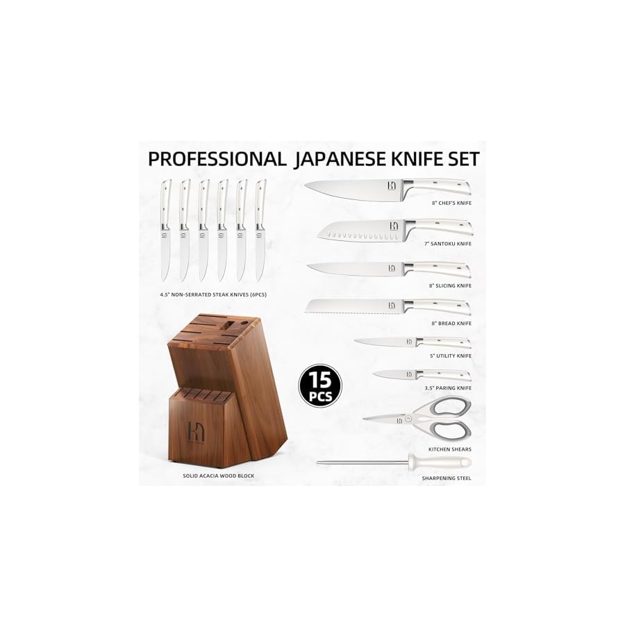 KnifeSaga-Kitchen-Knife-Set-Premium-Japanese-High-Carbon-Stainless-Steel-15-Pcs-Enduring-Ultra-Sharp-Knife-Block-Set-with-Sharpener-and-Wood-Block-Professional-White-Chef-Knives-set-for-Kitchen KnifeSaga Kitchen Knife Set Premium, Japanese High Carbon Stainless Steel 15 Pcs Enduring Ultra Sharp Knife Block Set with Sharpener and Wood Block, Professional White Chef Knives set for Kitchen