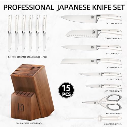 Knife Set, Premium 15 Piece Japanese High Carbon Stainless Steel Knives Set for Kitchen with Block and Sharpener, Razor Sharp Kitchen Knife Block Sets with Ergonomic Full-tang Handle, White by KnifeSaga - Image 4