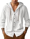 Mens Cotton Linen Button Down Hoodies Long Sleeve Casual Hoodies Hawaiian Beach Top Lightweight Fashion Shirts White