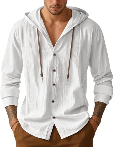 Mens Cotton Linen Button Down Hoodies Long Sleeve Casual Hoodies Hawaiian Beach Top Lightweight Fashion Shirts White