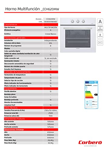 Corbero-CCH620MW-Hornos-Multifuncion-Dimensiones-60x60x58-Capacidad-65L-Blanco-Multifuncion-8-Programas-Luz-Interior-Puerta-Doble-Cristal-Facil-Limpieza-2500W-Potencia-Total-E-Energetica-A