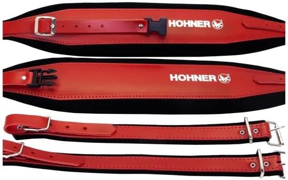 Hohner ACC21 Extra-Large Leather Accordion Strap with Back Strap - Red on Black
