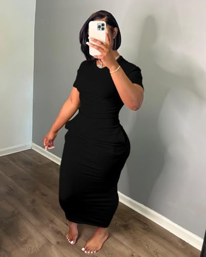 Image of Women's Casual Short Sleeve Dress T Shirt Bodycon Dresses Ribbed V Neck Maxi Sundress Basic Party Club Dress with Pocket