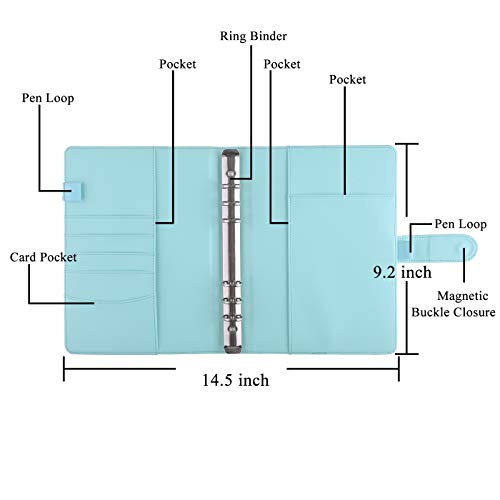 Image of Antner A5 Notebook Binder 6 Ring Refillable Budget Planner Cover for Cash Organizer, PU Leather Loose Leaf Photocard Holder Aesthetic Binder with Magnetic Buckle for A5 Planner Inserts, Mint Blue