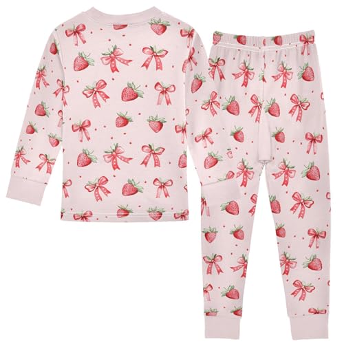 Cartoon Pajamas Set Pink Strawberries Bows Pattern Long Sleeve PJs Cotton Jammies Sleepwear Top and Pants2