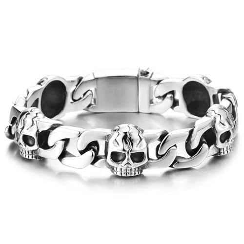 COOLSTEELANDBEYOND Men's Steel Skull Link Bracelet, Heavy Curb Chain Punk Style, Bold Gothic Jewelry, Biker Rock Look