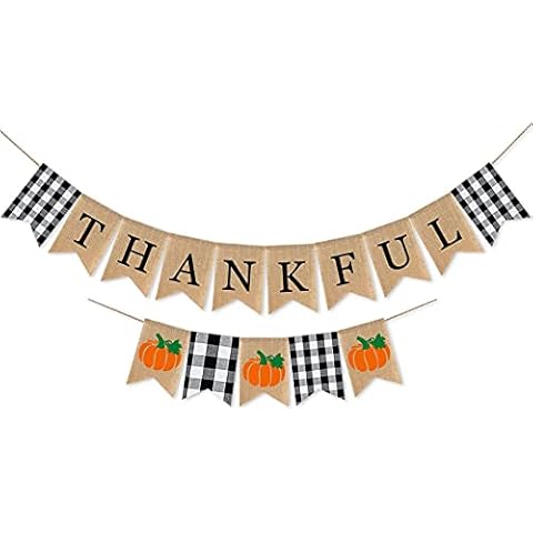 SWYOUN Burlap Thankful Banner WIth Buffalo Check Plaid Black and White Thanksgiving Day Supplies Friendsgiving Party Garland Decoration Cover