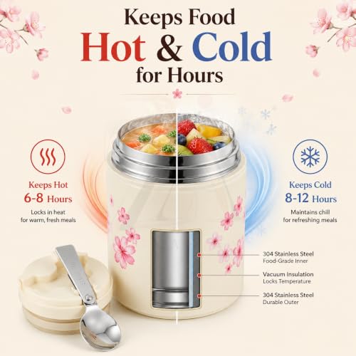 Image of Insulated Stainless Steel 1060ml Lunch Box with 350ml Tumbler | Leakproof Hot Cold Food Container | BPA-Free Cute Tiffin Box for Kids, School, Office, Travel, Picnic (Pink Cherry Blossom Floral)