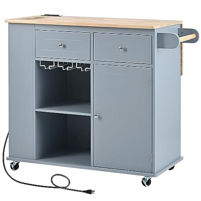 Versatile Kitchen Island for Enhanced Living, Convenient Power Outlet, Drop Leaf Design with Open Storage and Wine Rack, Grey Blue-6LZhObFS