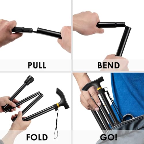 Image of Dr Care 4 Folding Walking Stick for Old Age | Aluminum | Adjustable Height 85-95 cm | Lightweight | Anti Slip | Ergonomic Handle | Rubber Tip | Wrist Strap (Black)
