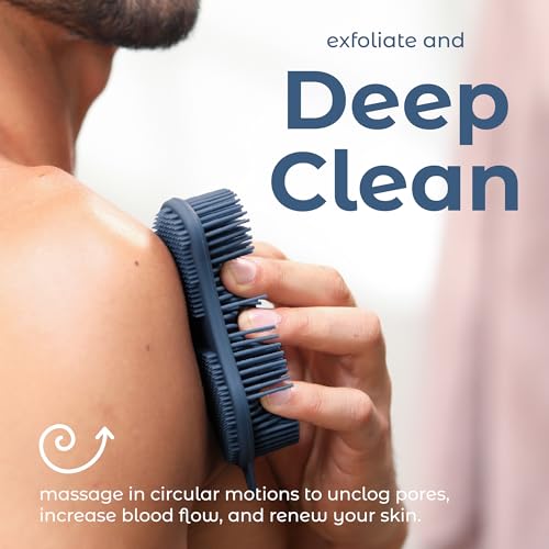 Image of MainBasics Exfoliating Silicone Body Scrubber Pro 2-in-1 Shower Scrubber for Body, Silicone Loofah and Body Exfoliator (Dark Blue, Body + Exfoliate)