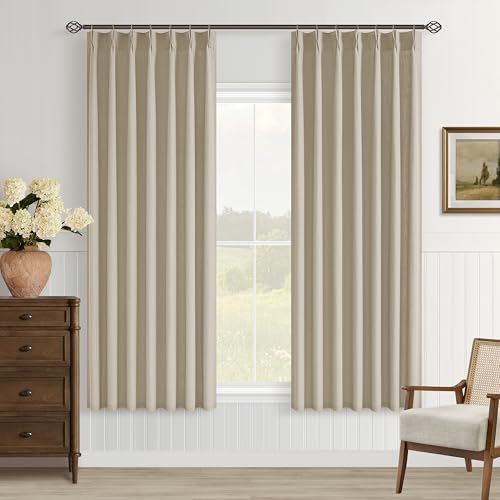 Image of Khaki Tan Linen Kitchen Curtains 63 Inches Long 2 Sets Light Filtering Bedroom Curtains for Small Window Light Brown Pinch Pleated Linen Short Semi Sheer Back Tab for Bay Windows Living Room Dining