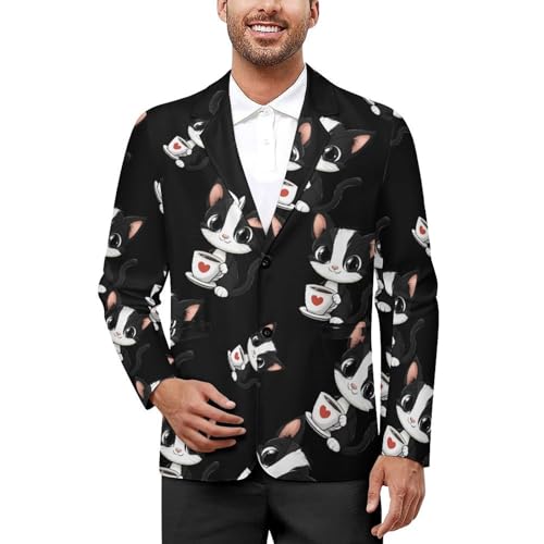 Cat Coffee Men's Blazer Printed Button Suit Jacket Slim Sport Coat Blazers
