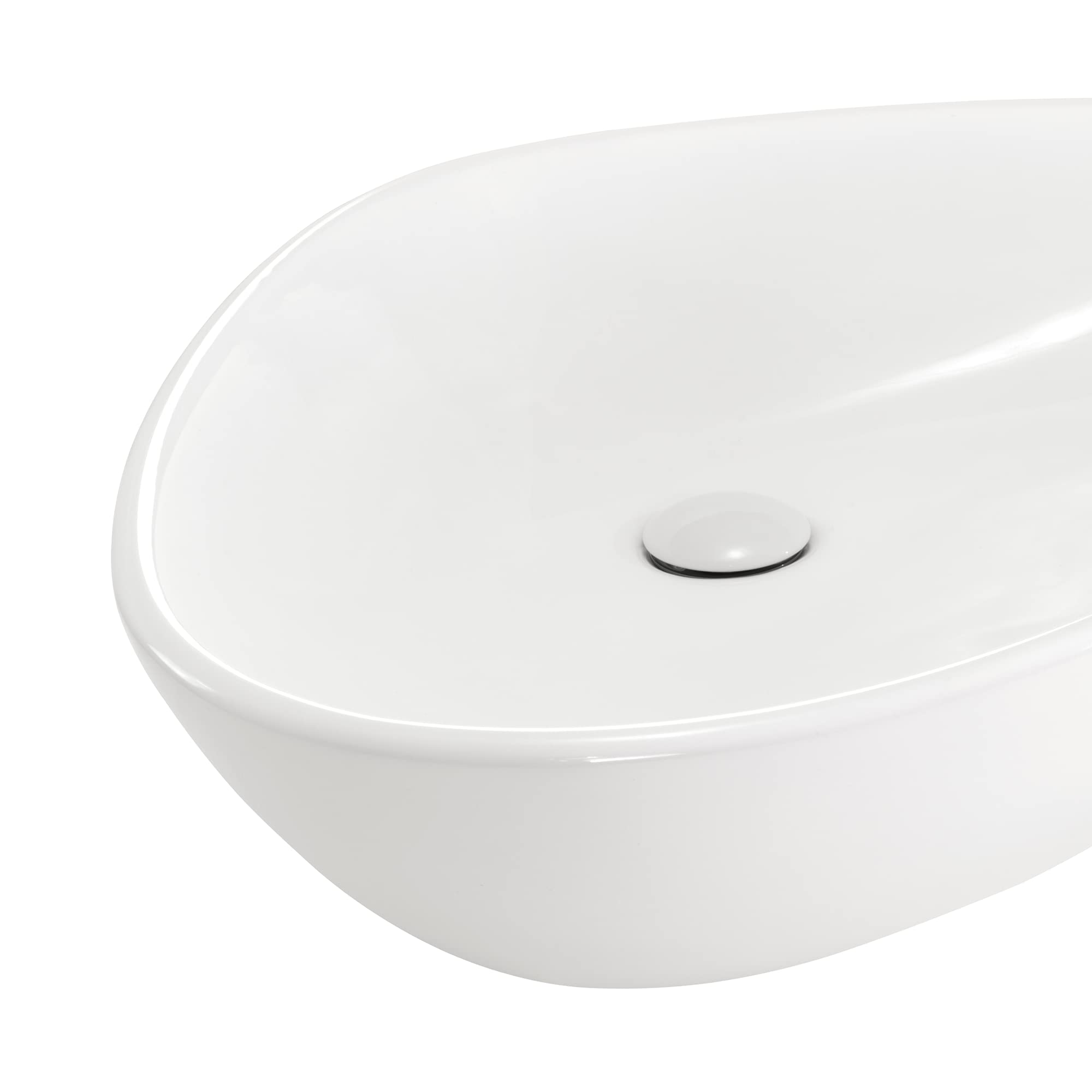 Lavabo sobre Encimera Triangular con Esquinas Redondeadas en Ceramica Brillante UNITI | 64x44x15 cm | Incluye Tapon "Pop Up" con Valvula de Desague Click Clack | Sin Taladro Grifo | Color Blanco
