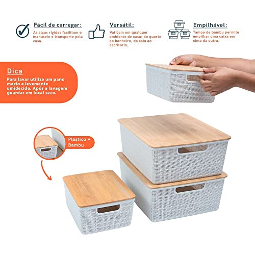 Kit 4 caixas organizadoras tampa bambu 2p/2m branca – Oikos