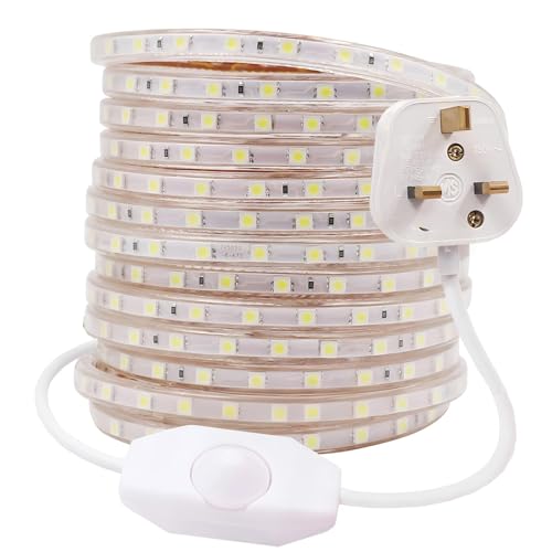 GQL 3m Dimmable LED Strip Mains Powered, WhiteSMD 5050 60leds/m IP65 Waterproof Commercial Rope Light with UK Plug, DIY Indoor Outside Decor Ribbon Lighting