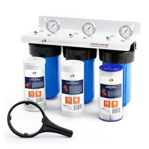Aquaboon 3-Stage Whole House Water Filter System with 5 Micron 10x4.5 House Water Purification Pleated Sediment, Carbon Chlorine Reduction and Reducing Sediment Filter, Pressure Gauge, Wrench, Bracket
