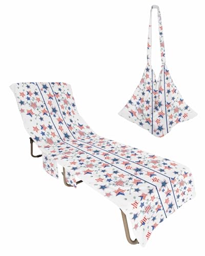 4th of July Beach Lounge Chair Towel Cover, Soft Chaise Lounge Towel with Side Pockets Patio Pool Chairs Cover for Beach/Pool Sunbathing 29x85 Blue Red Star Independence Day