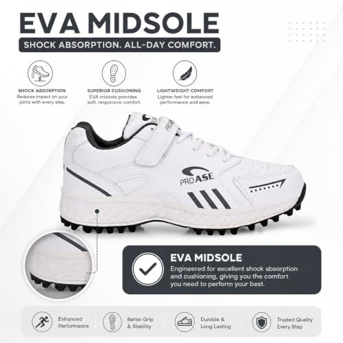 Image of Pro ASE Lightweight Cricket Shoes - Durable & Comfortable | Ideal for Turf, Ground & Hard Surfaces | Allrounder Design with Studs, Velcro & Superior Grip | White, Blue, Grey
