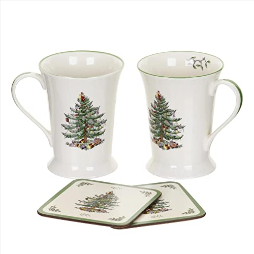 Spode Pimpernel Christmas Tree Mug And Coaster Set | 10 Oz Coffee Mugs And Coasters | Set Of 2 | Made Of Porcelain/Corked Back Board | Coasters Measure 4" X 4" #TOP7