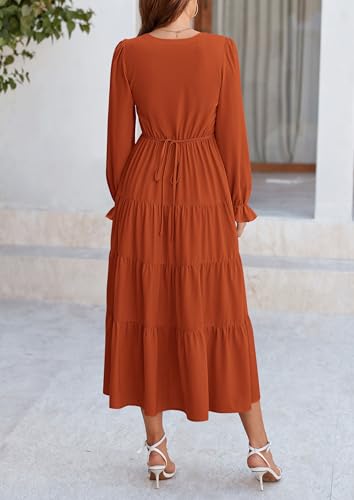PRETTYGARDEN Long Sleeve Dress for Women 2025 Fall V Neck Tiered Aline Spring Elegant Modest Flowy Wedding Guest Maxi Dresses