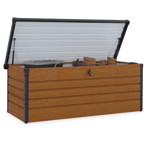 IDMarket - Coffre de rangement métal verrouillable effet bois et gris pour jardin 600L 165x70x63 cm