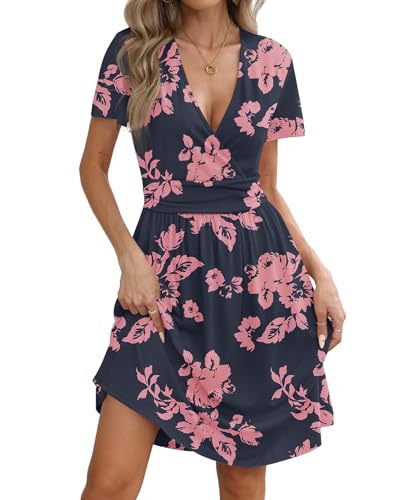 Image of KUOTAI Women's Summer Short Sleeve Casual Dresses Wrap V Neck Beach Outfits Party Flowy Dress with Pockets, Rose Silhouette, Small
