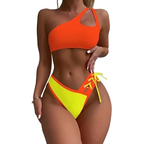 YELAIVP Women's Bikini Sets One Shoulder High Waisted Two Piece Swimsuit Lace Up High Cut Bathing Suit Cover