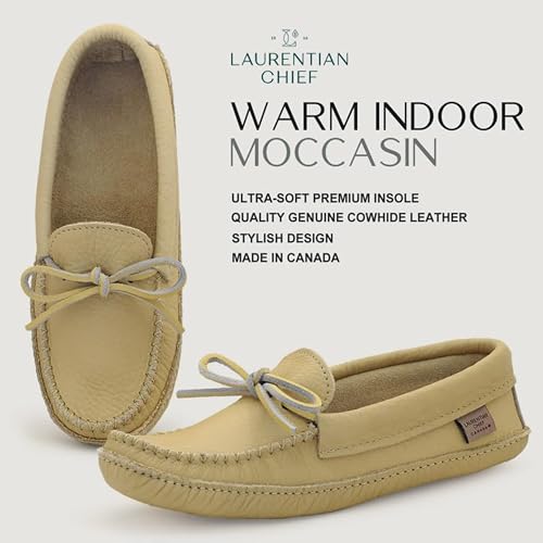 Image of Moccasin Slippers for Men, Leather House Moccasins, Made in Canada, Indoor | Soft Lining, Soft Sole for Everyday Wear & Classic Handcrafted Design, Canada Quality Genuine Cowhide Leather