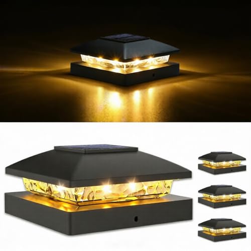 VOLISUN 4x4 Solar Post Cap Light 4 Pack Solar Fence Post Lights Outdoor Waterproof for Wooden/Vinyl Post Black Post Lights Solar Powered with Warm White for Garden Patio Porch Deck