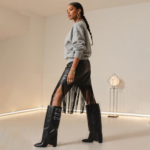 Image of Knee High Boots Women Fold Over Boots Chunky Heel Pointed Toe Tall Boots | Fashion Slouchy Boots,Side Zipper Shark Boots,Fall Spring Winter Fashion Dress Tall Boots,Evening Bridal office Long Boots